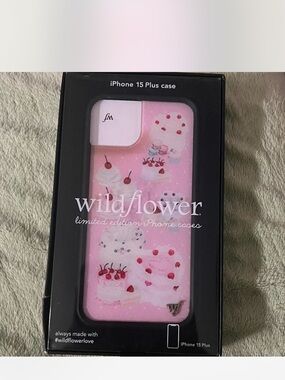 Wildflowers Pink iPhone 15 Plus Case with Cherry & Cake Motif